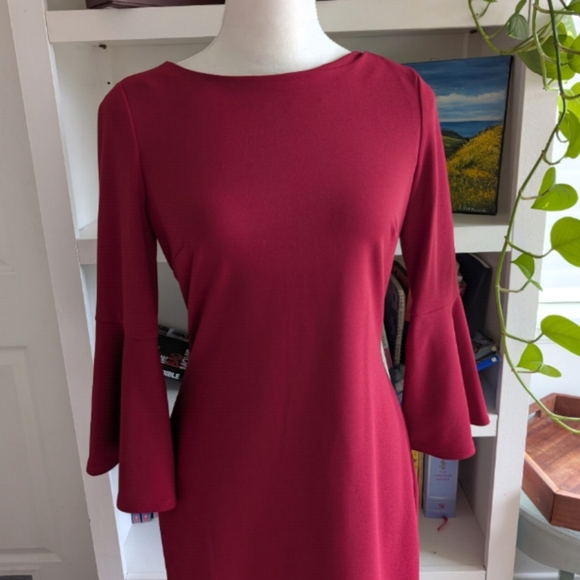 Calvin Klein Bell Sleeve Sheath Dress | Size 4 | Burgundy Red - Picture 8 of 10